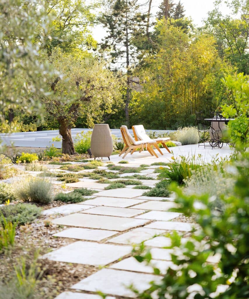 Terrasse extérieure moderne avec dalles de pierre et plantes couvre-sol, chaises longues en bois et grand lampadaire tressé près d'un olivier.