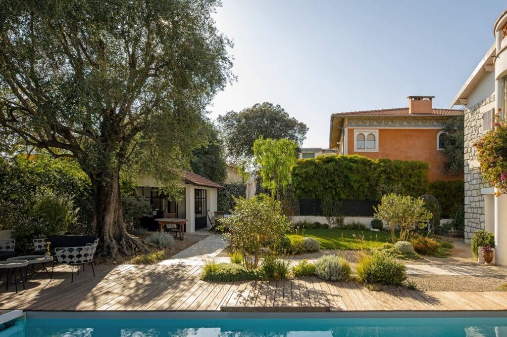 Vue sur piscine avec terrasse bois, grand olivier, dépendance blanche et villas méditerranéennes sous un ciel bleu clair.