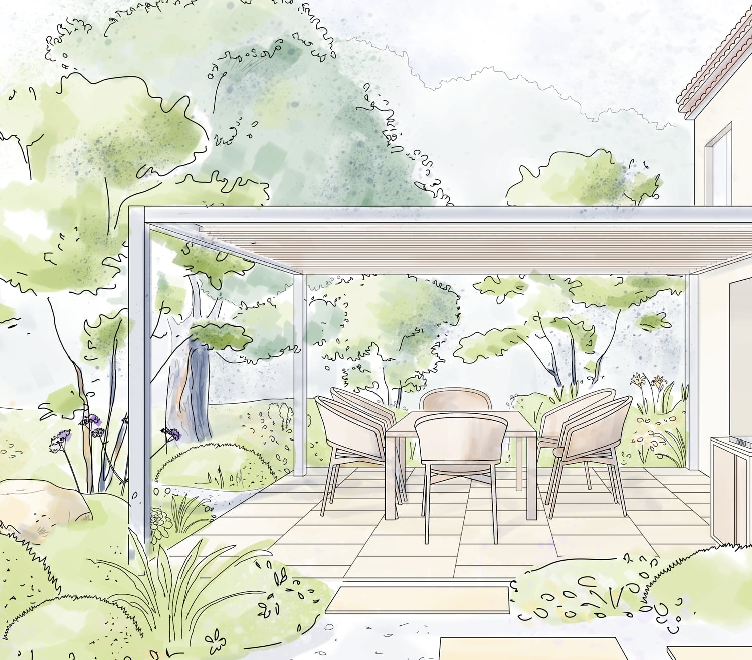 Croquis de jardin et terrasse couverte. Mobilier extérieur beige sous une pergola moderne, avec un aménagement paysager luxuriant et boisé.