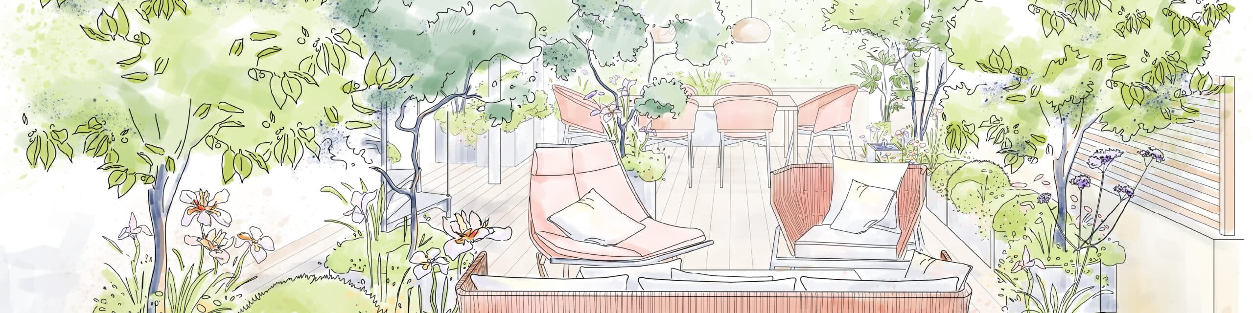 Illustration esquisse d'une terrasse en bois. Mobilier extérieur moderne couleur terracotta, entouré d'arbres et de végétation luxuriante.