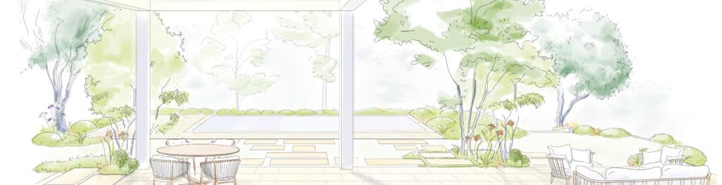 Croquis d'un jardin moderne vu d'une terrasse. Grand patio, piscine encastrée et salon extérieur bordé d'arbres et de végétation luxuriante.