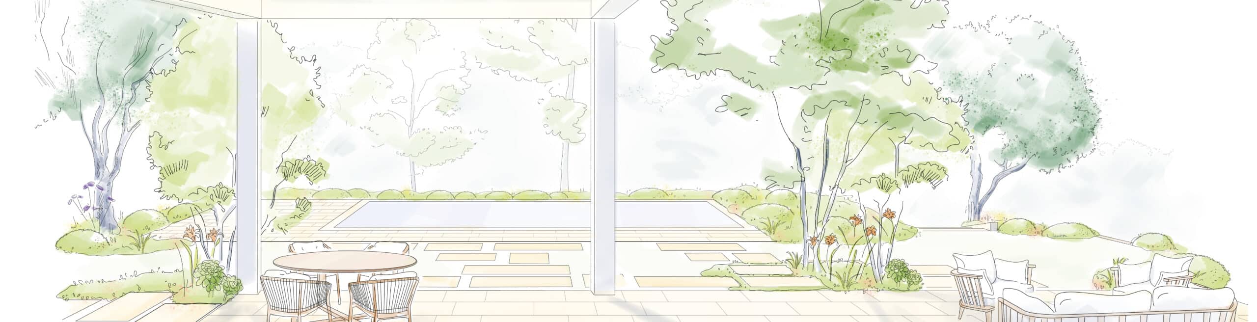 Croquis d'un jardin moderne vu d'une terrasse. Grand patio, piscine encastrée et salon extérieur bordé d'arbres et de végétation luxuriante.