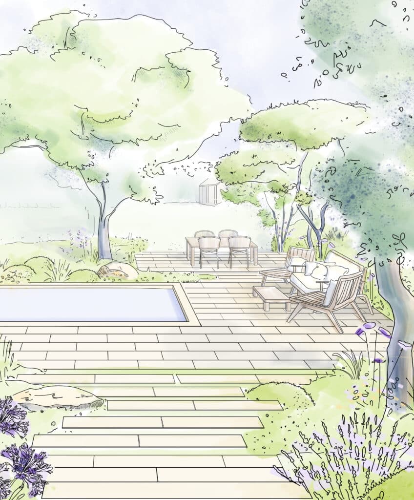 Croquis d'aménagement de jardin moderne avec petite piscine rectangulaire, grande terrasse en bois et mobilier d'extérieur. Arbres et fleurs.