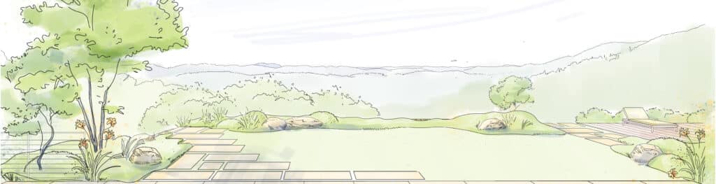 Croquis aquarelle d'aménagement de jardin. Terrasse en dalles, pelouse, transat et vue panoramique sur les collines boisées.