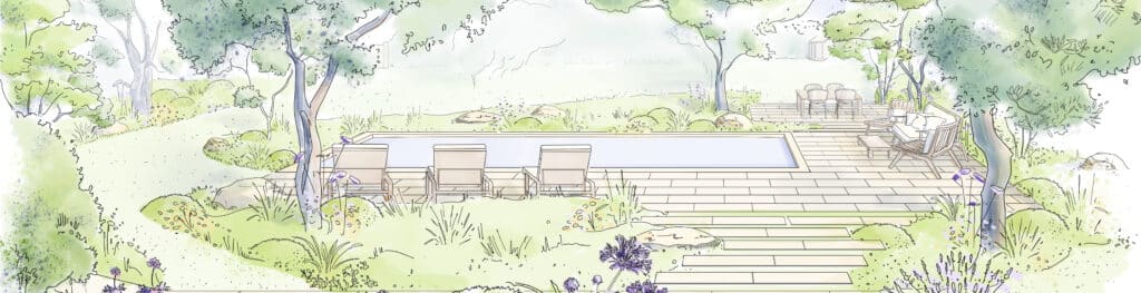 Croquis de design paysager : piscine entourée d'une grande terrasse pavée, zone lounge et salle à manger. Jardin luxuriant.