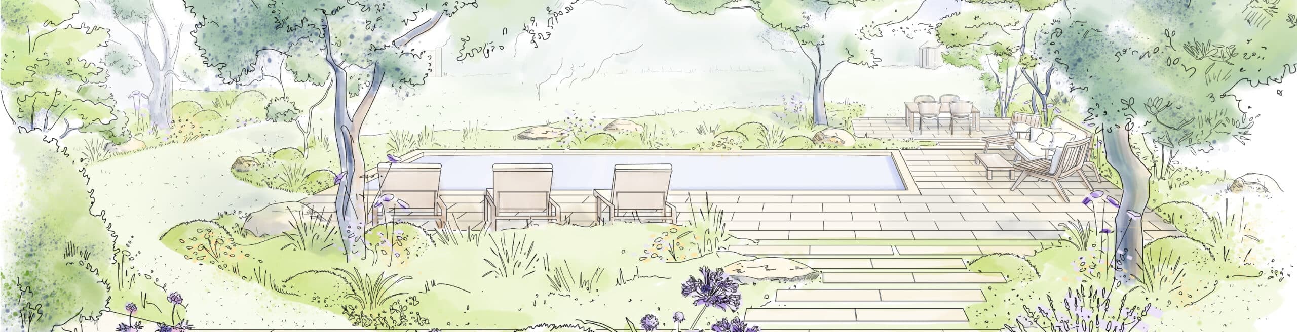 Croquis de design paysager : piscine entourée d'une grande terrasse pavée, zone lounge et salle à manger. Jardin luxuriant.