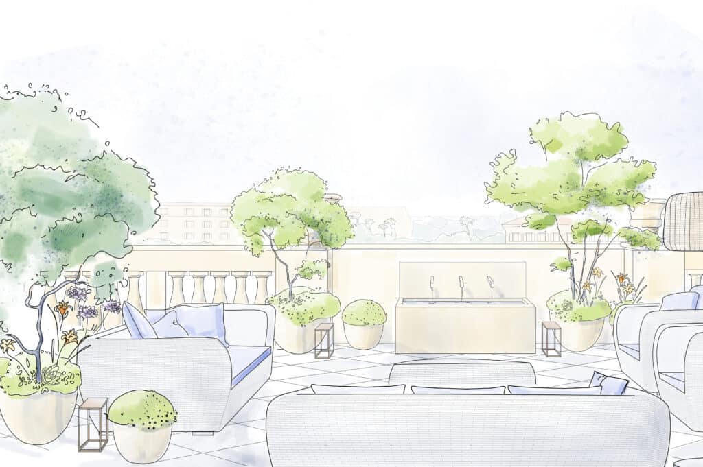 Ambiance lounge de luxe sur un rooftop. Mobilier blanc, balustrade beige, plantes vertes et éclaboussures d'aquarelle.