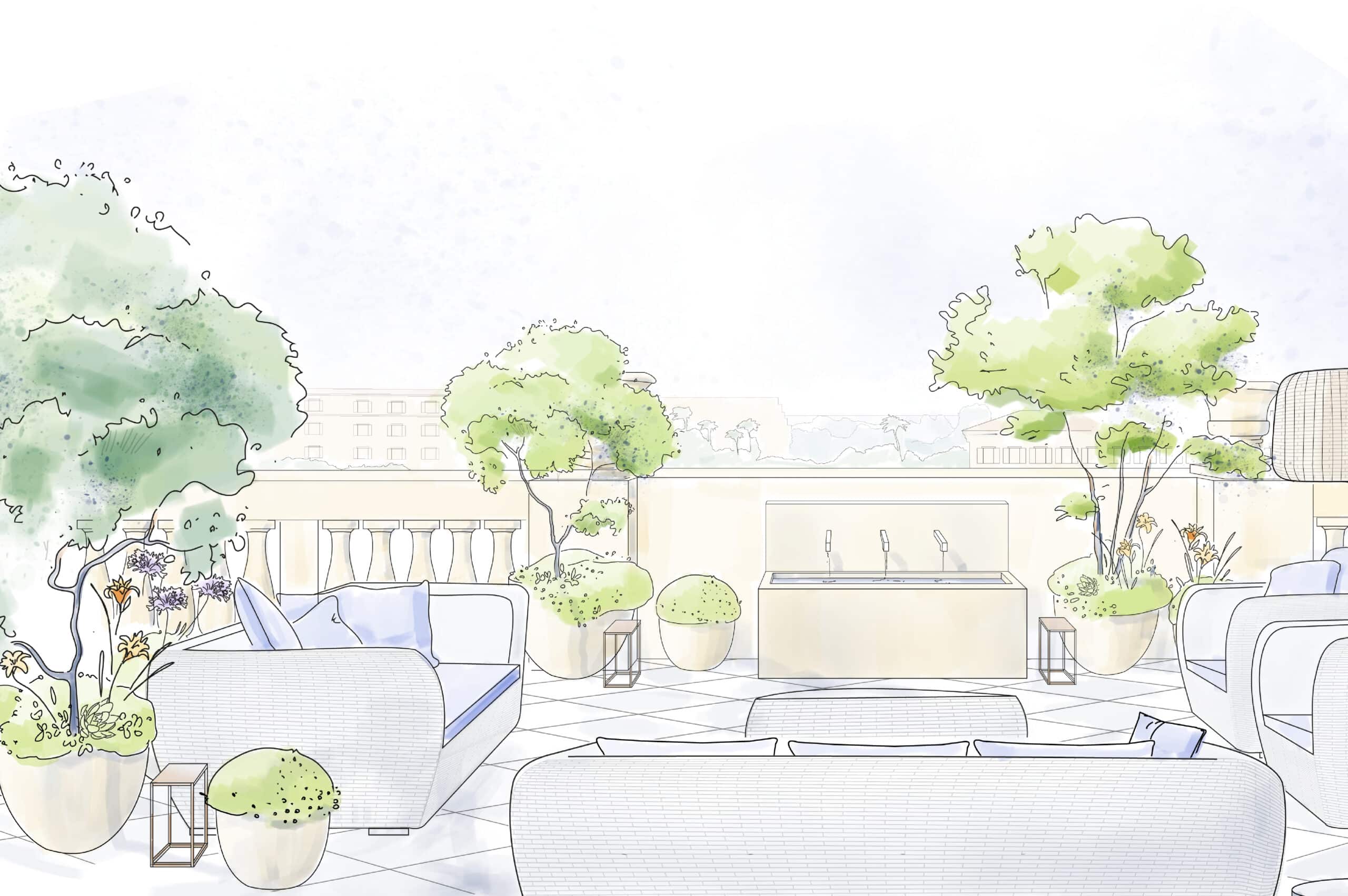 Ambiance lounge de luxe sur un rooftop. Mobilier blanc, balustrade beige, plantes vertes et éclaboussures d'aquarelle.