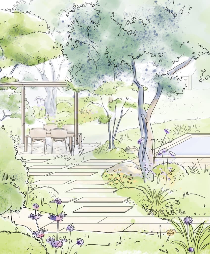 Croquis de jardin moderne : terrasse sous pergola, chemin de dalles menant aux massifs fleuris et grands arbres ombragés. Paysage serein.